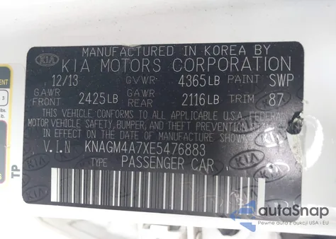 2014 Kia Optima Lx z USA, uszkodzony, nr VIN KNAGM4A7XE5476883